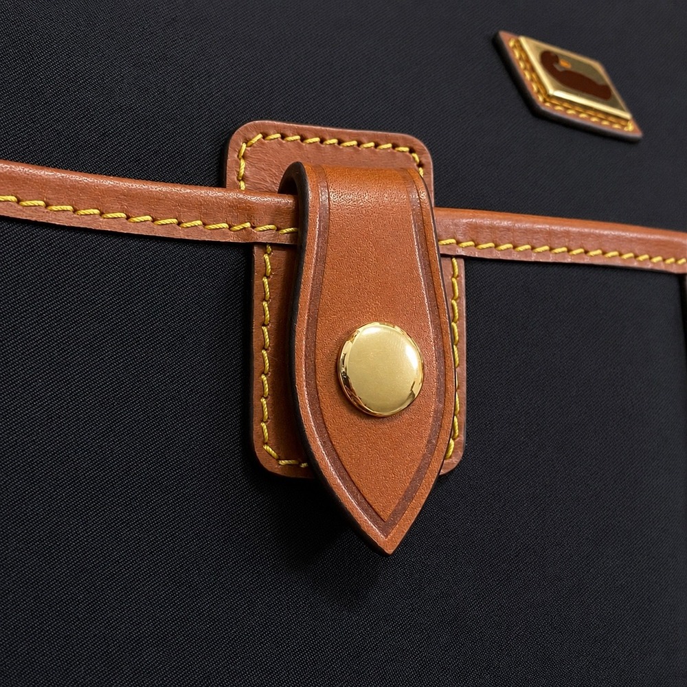 Dooney & Bourke Black Nylon Tan Leather Trim Gold Shoulder Bag Purse Pockets - Picture 4 of 16